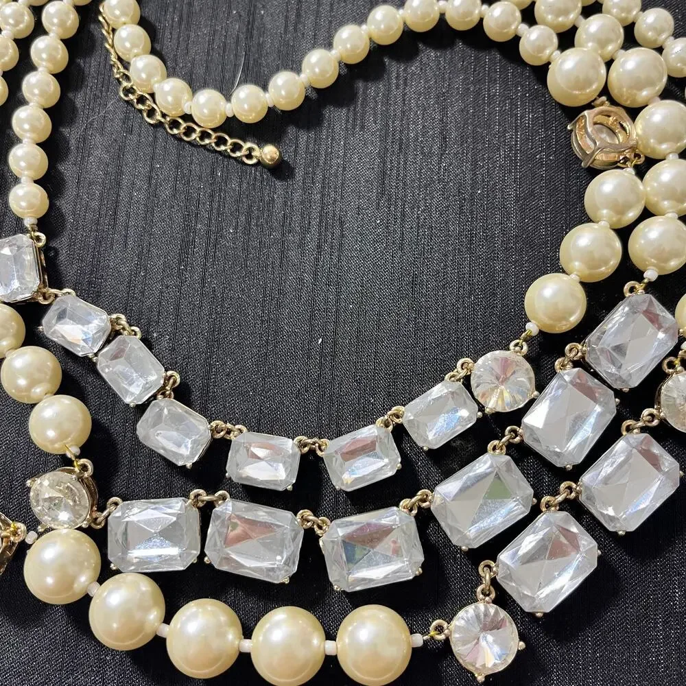 3 Strand Faux Pearl & Fauceted Rhinestones Rectangle & Round White 20-22 Inches